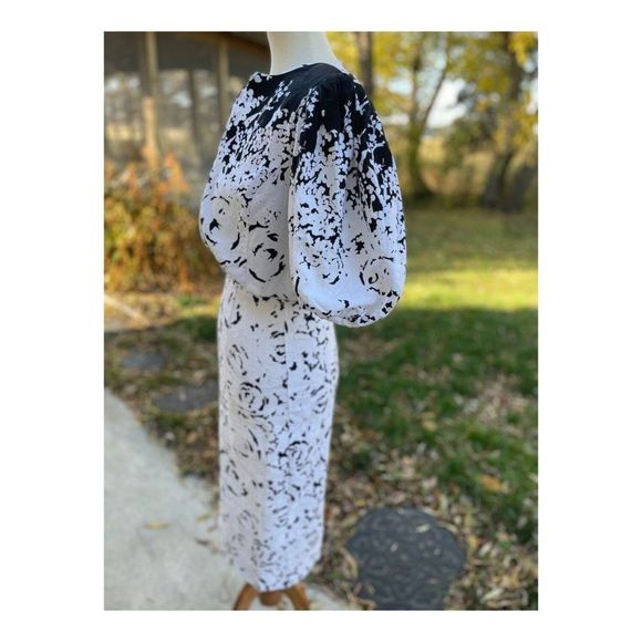 Vintage 1980s Wiggle Dress Set Bolero Black White Abstract New Wave Sz S Cotton - Picture 7 of 16